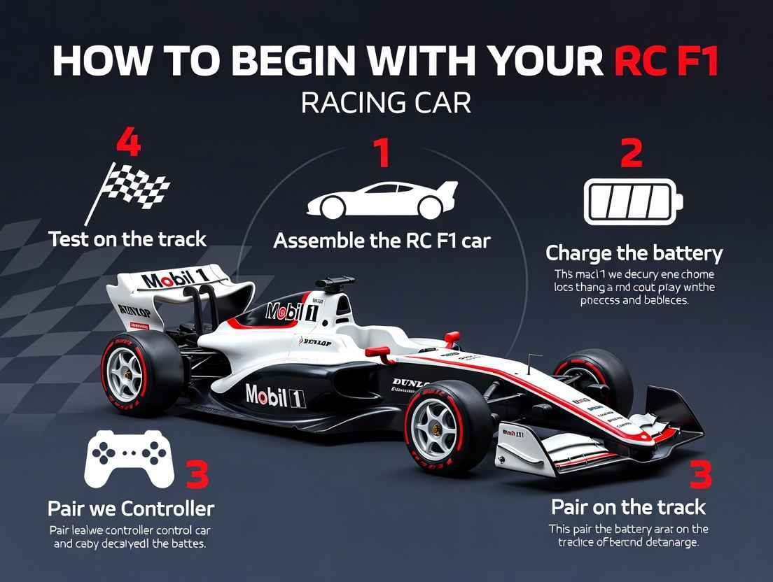 First steps with RC F1 racing car: Dynamic guide showing assembly, charging, pairing controller, and test drive for remote control F1 beginners