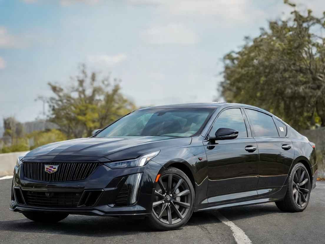 Cadillac CT5-V Blackwing black 4 door sports car front view, best 4 door sports cars with supercharged V8 power and aggressive styling