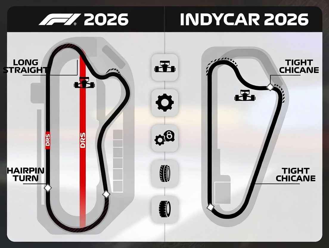Formula 1 vs IndyCar 2026 tracks – diagram comparison of F1 circuits vs IndyCar oval and street racing styles