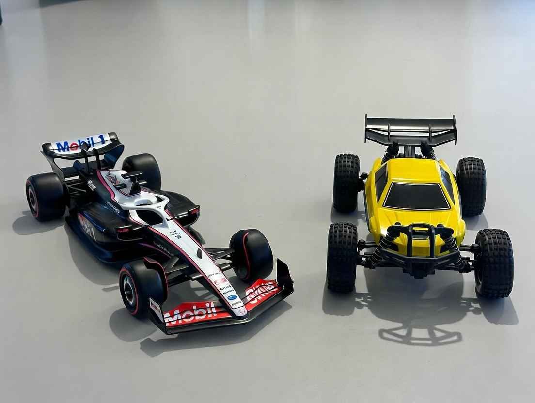 RC F1 Racing Cars compared to off-road RC monster truck – side-by-side view showing sleek F1 design vs rugged off-road build in 2026 guide