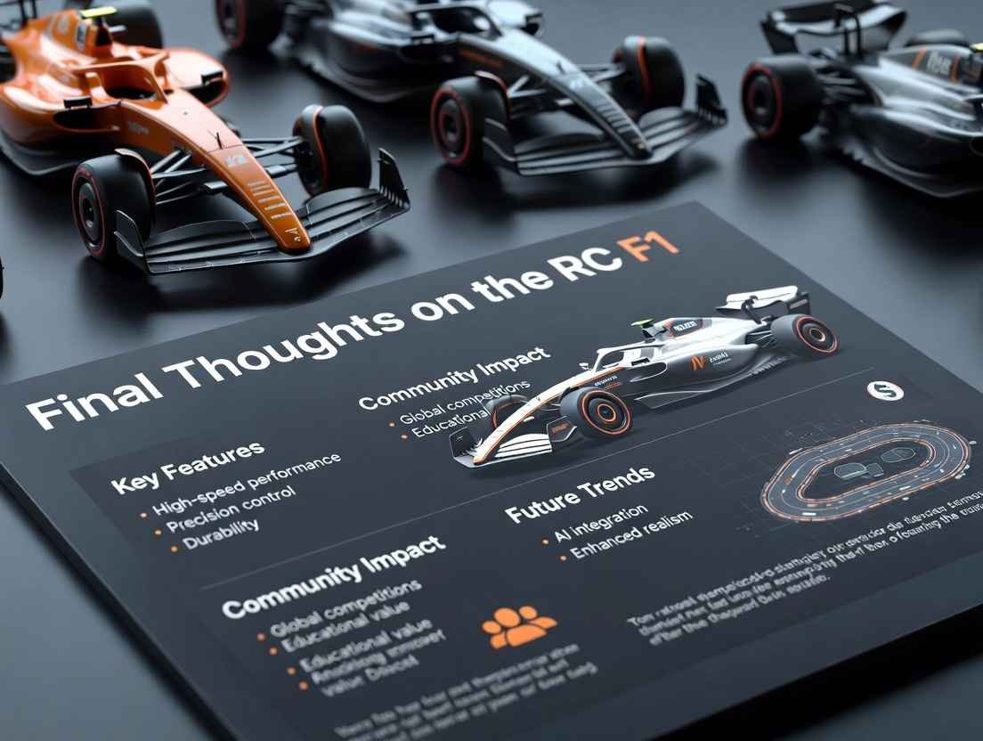 Final reflections on RC F1 racing car: Collage showing performance features, community racing, and emerging trends for remote control Formula 1 hobby in 2026.