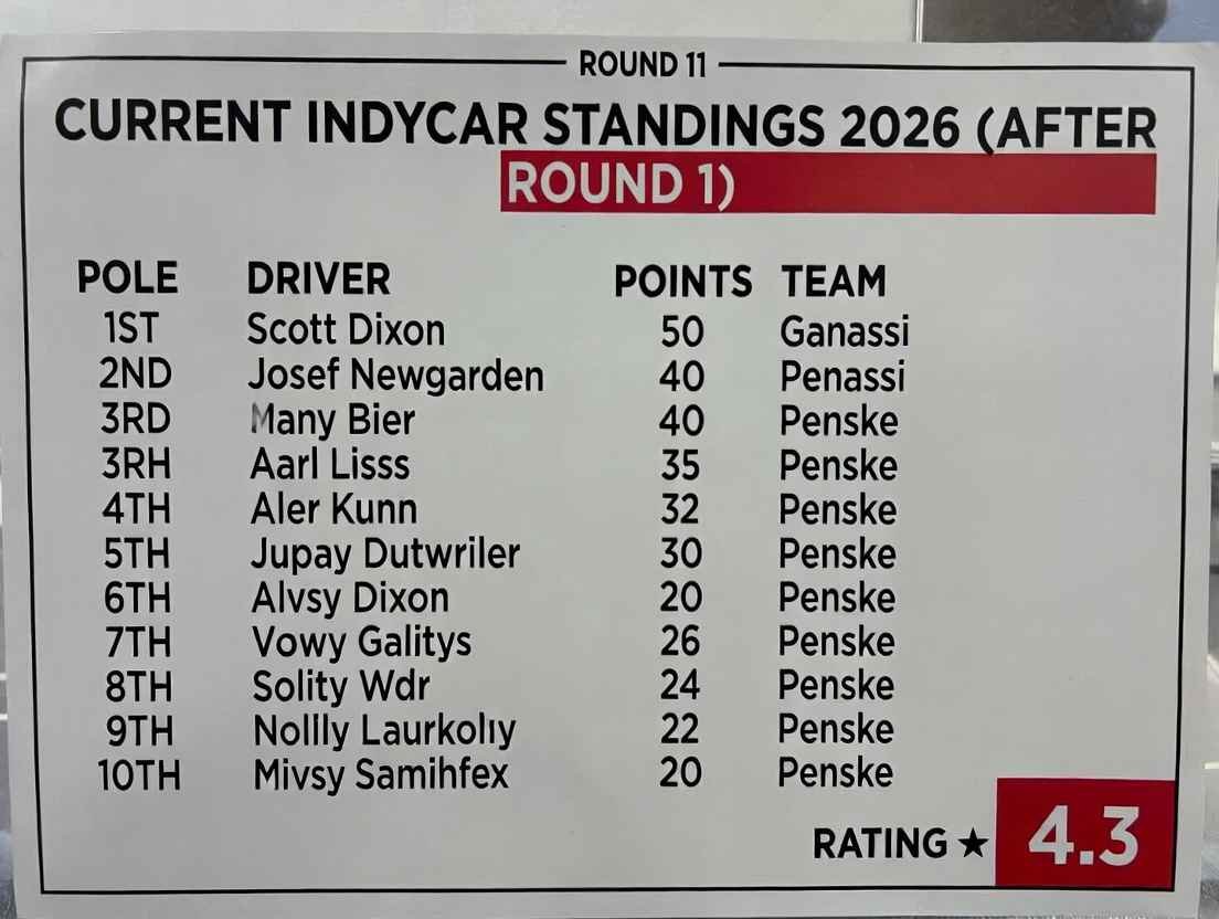 IndyCar results 2026 – current standings after Round 1, Alexander Rossi leads with 100 points, full driver leaderboard post St. Petersburg