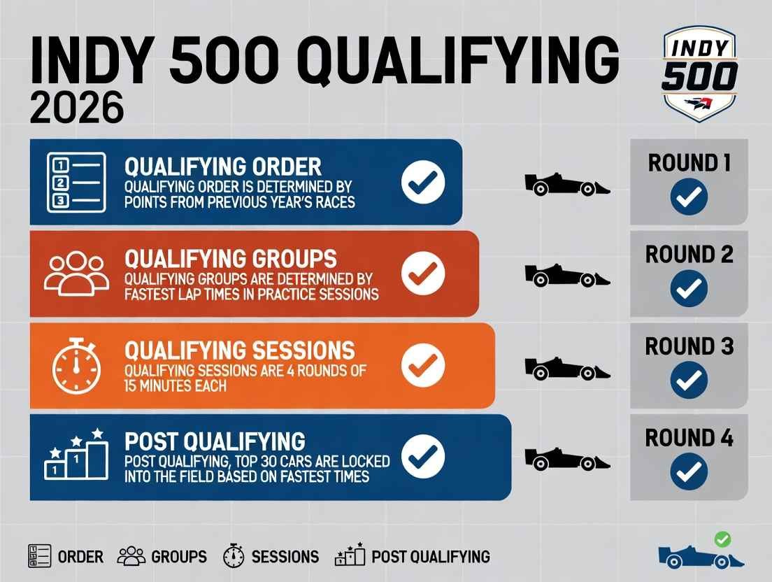 Diagram of 2026 Indy 500 qualifying at Indianapolis Motor Speedway: Order, groups, sessions, shootout, and final grid formation for the 33 fastest cars.