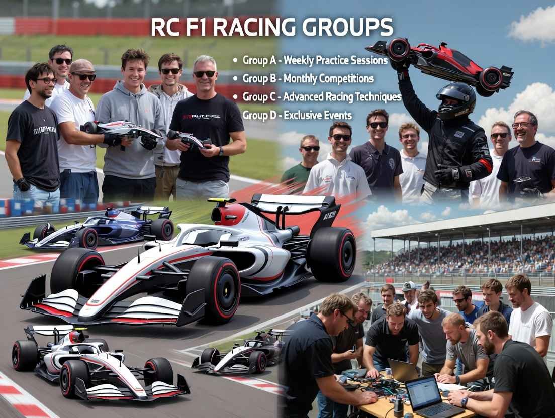 RC F1 racing events in action: Multiple remote control Formula 1 cars competing on track during group races and community events.