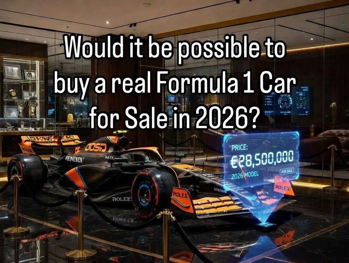 Luxury showroom display of a real Formula 1 car for sale in 2026 with holographic price tag, highlighting possibility and cost for USA collectors.