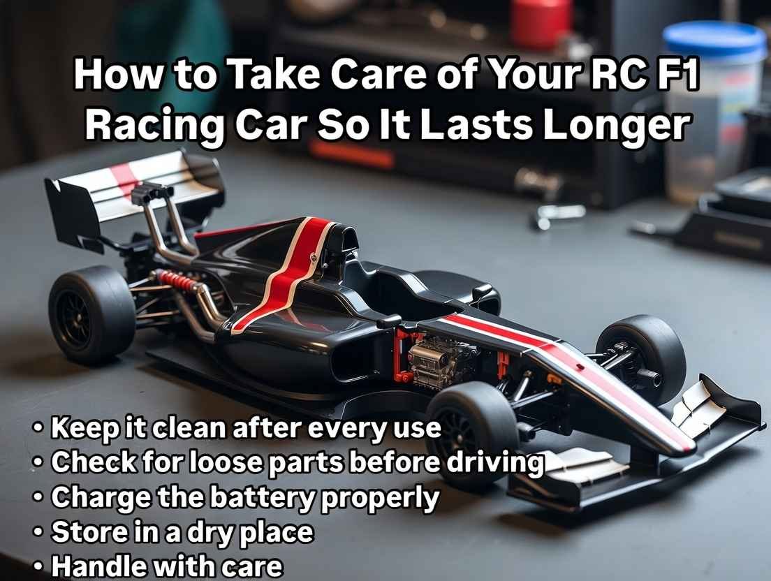 RC F1 Racing Cars black model with care tips overlay: clean after use, check parts, proper charging, dry storage to make it last longer 2026