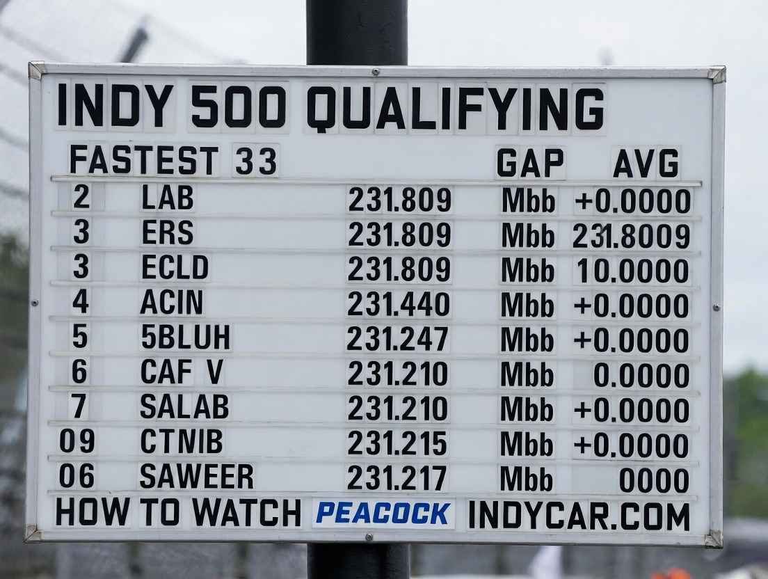 2026 Indy 500 qualifying action at Indianapolis Motor Speedway with overlay of full grid results, speeds, and fastest 33 cars.