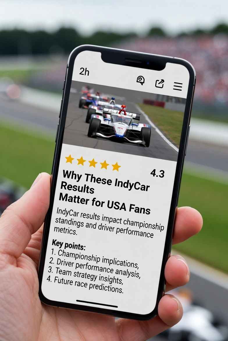 IndyCar results 2026 – why these results matter for USA fans, mobile screen graphic with 4.3 rating and racing action background