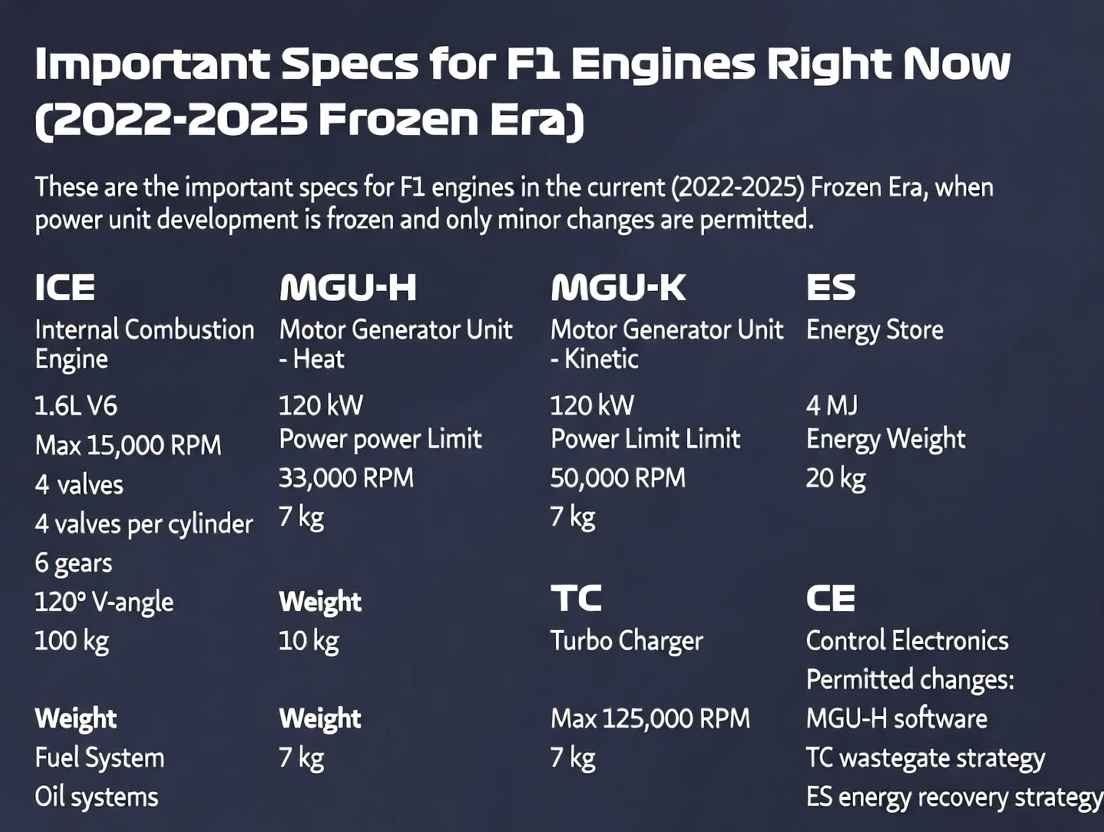 Infographic of F1 racing car engine specs in 2022-2025 frozen era: 1.6L V6 turbo, 15,000 RPM max, 100 kg/h fuel flow, 120 kW MGU-K/H, and hybrid components.