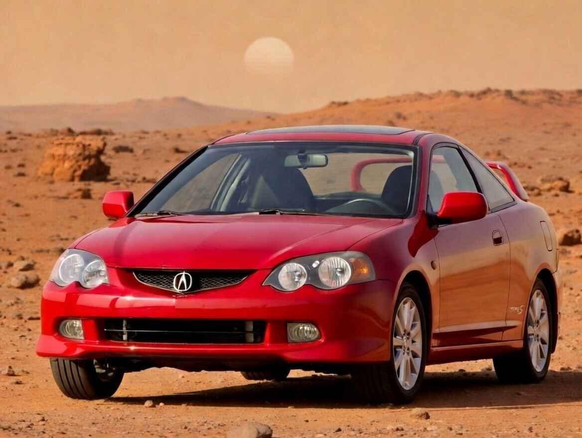 Acura Integra Type S red 4 door sports car on Mars backdrop, one of the best 4 door sports cars with premium turbo performance and sharp styling