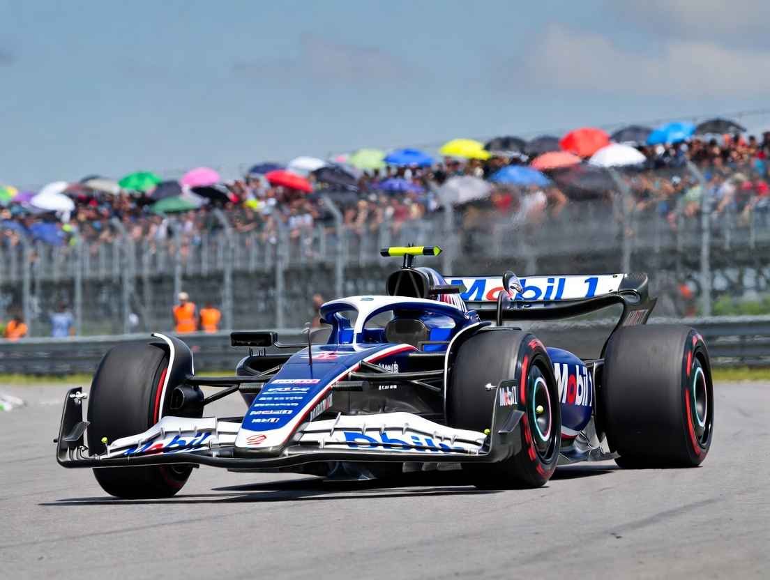 Action shot of 2026 F1 car highlighting the F1 racing car engine revolution: advanced hybrid power unit with 50/50 ICE-electric split, tripled MGU-K, and 100% sustainable fuels.