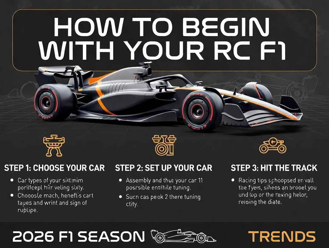 Beginner setup guide for RC F1 racing car: Visual steps from assembly and charging to controller sync and first drive test.