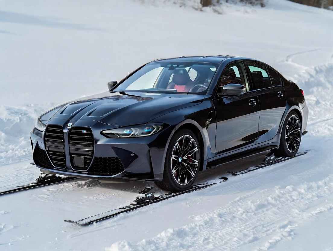 BMW M3 Competition xDrive black 4 door sports car on skis in snowy mountain backdrop, one of the best 4 door sports cars for all-weather performance 2025-2026
