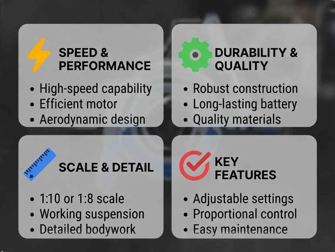 mportant things to look for in an RC F1 racing car: Infographic showing speed & performance, durability, scale & detail, and key features like motor and battery for remote control Formula 1 models.