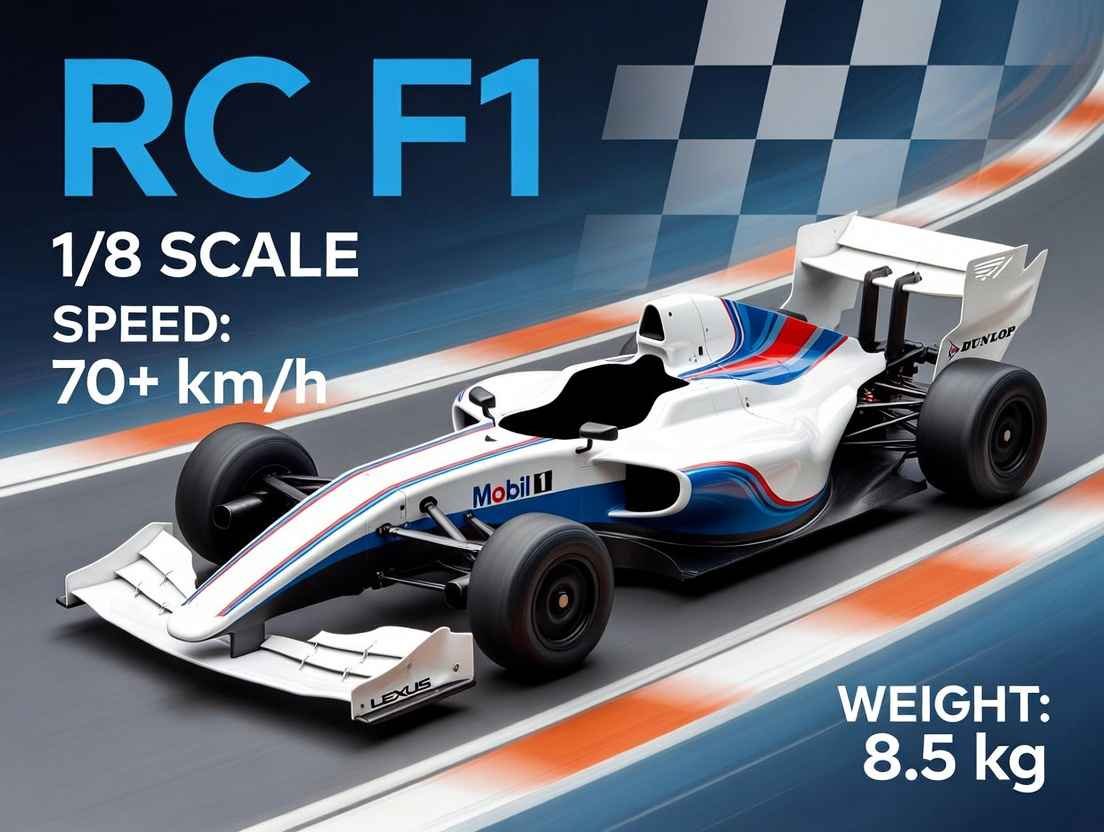 RC F1 racing car explained: Sleek 1/10 scale remote control Formula 1 model with top speed 70+ km/h, battery life, and detailed specs infographic.