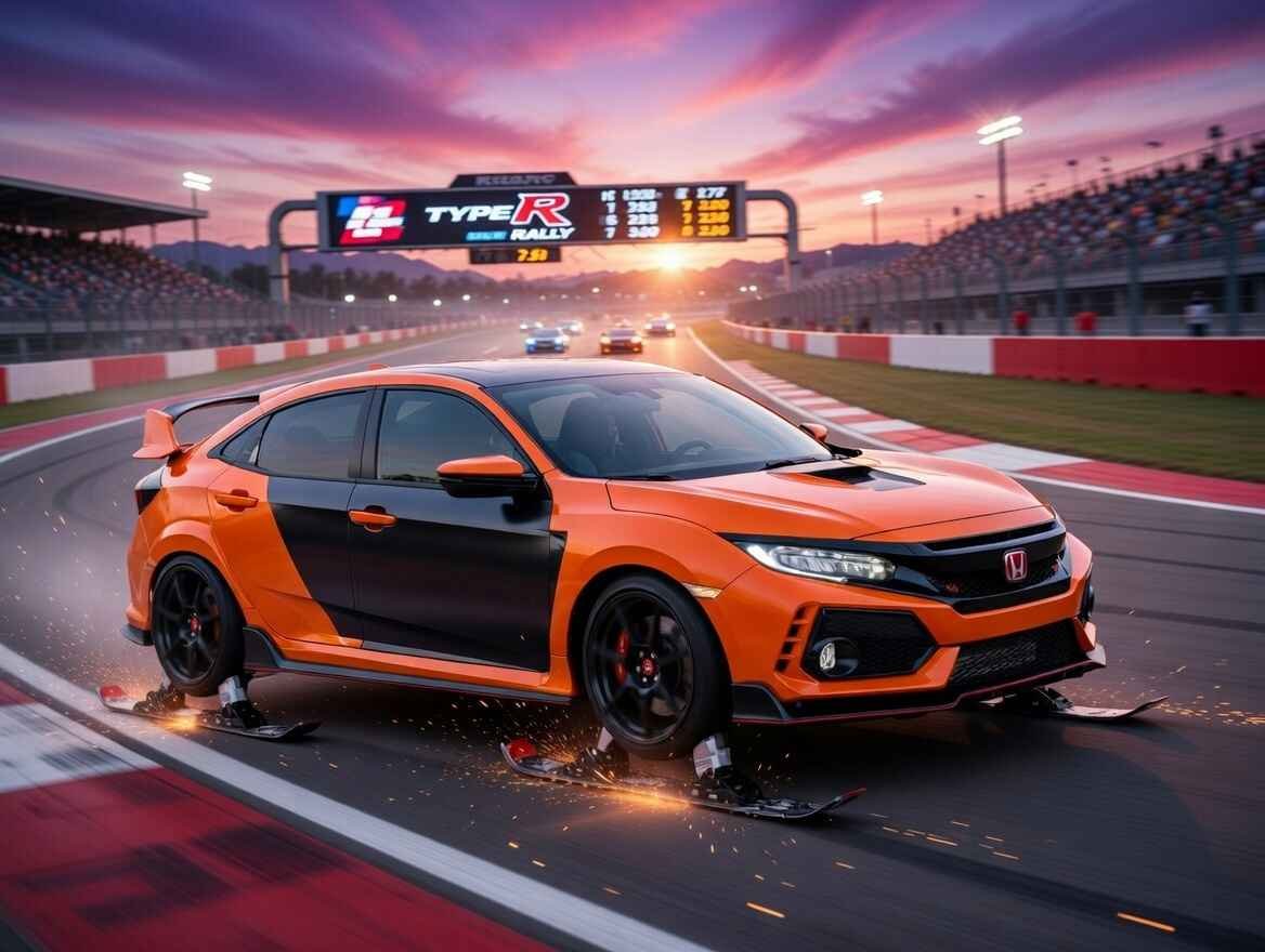 Honda Civic Type R red 4 door sports car on skis at racetrack with fireworks, one of the best 4 door sports cars for high-performance excitement in 2025-2026